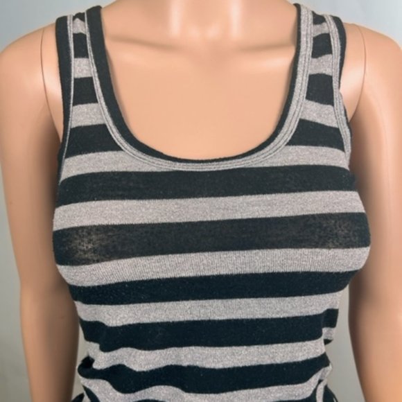 Black Silver Top Long Sleeveless Striped Fitted - Picture 4 of 6